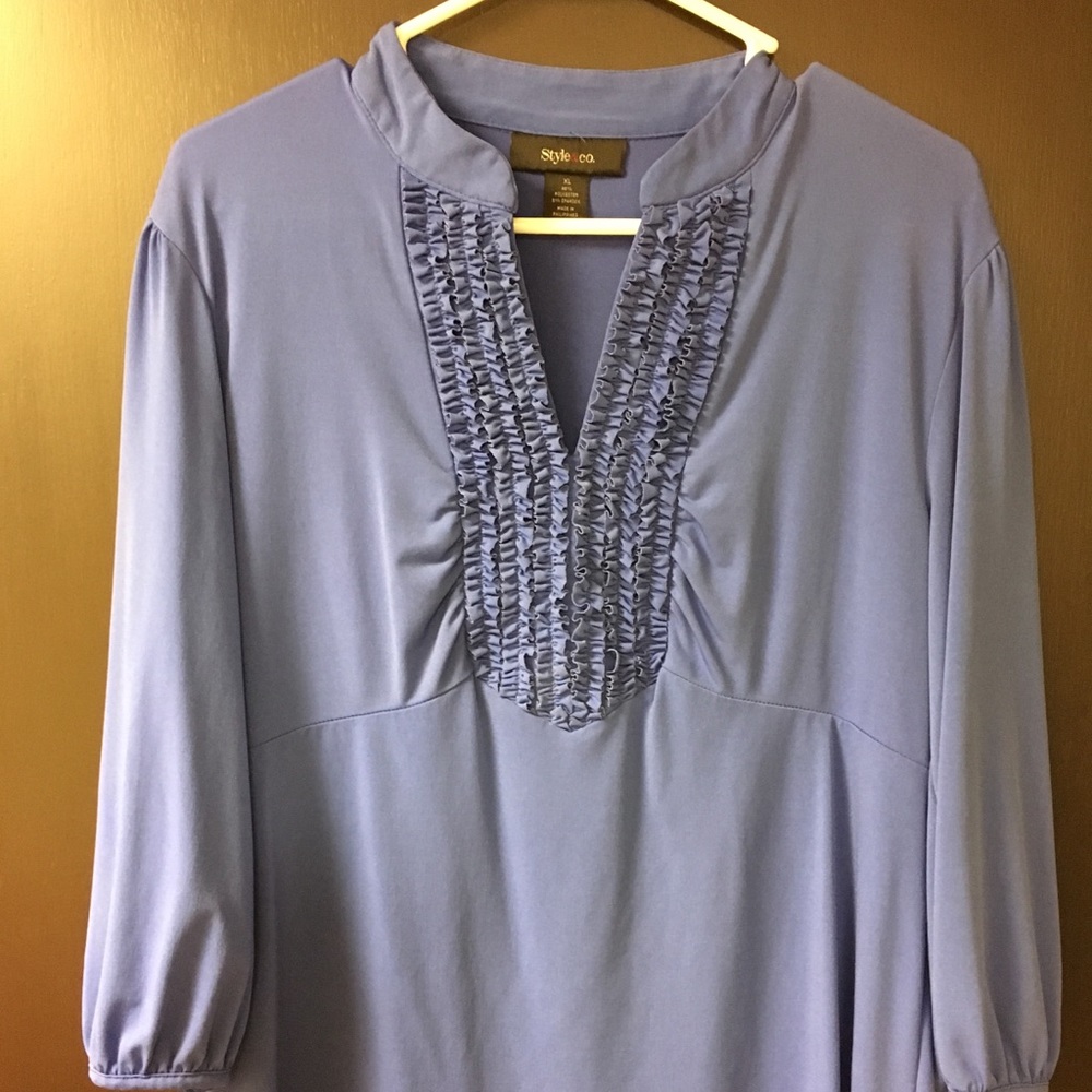 Ruffle front blue top